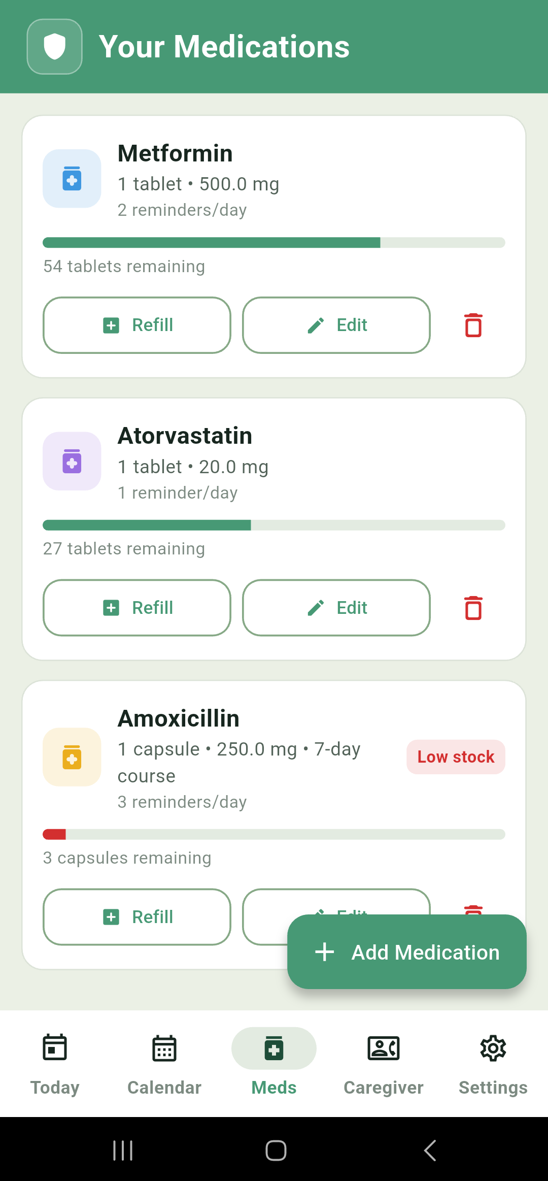 Medications list showing three medications