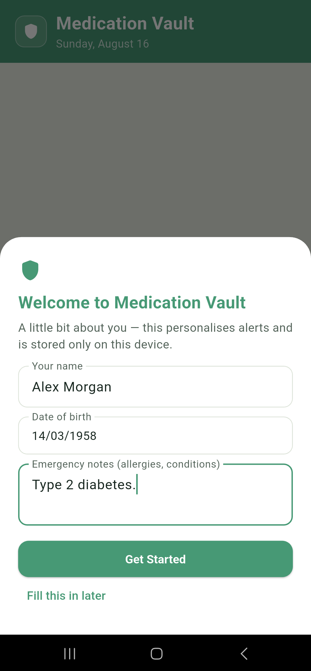 Onboarding profile step: name, date of birth, emergency notes