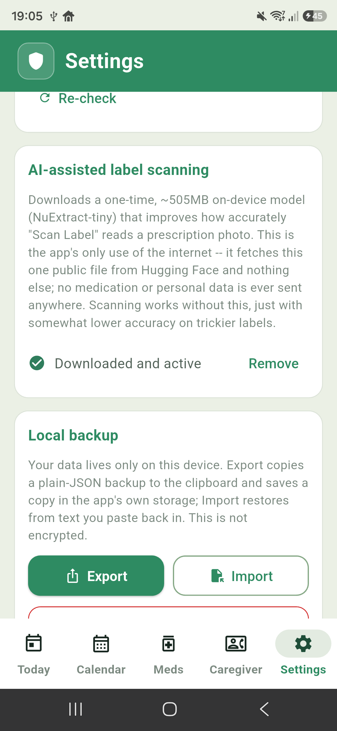 Settings: AI-assisted label scanning, downloaded and active