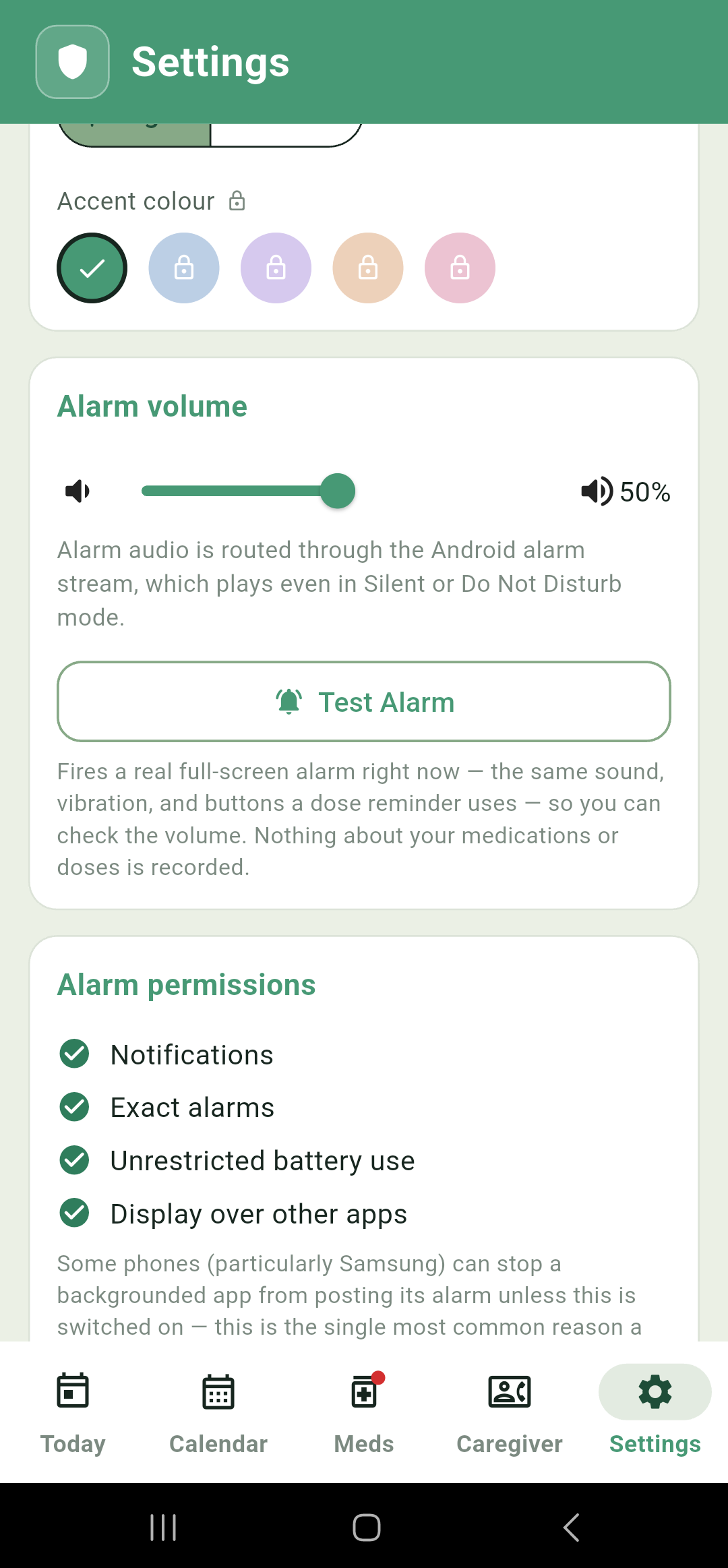 Settings: alarm volume slider, Test Alarm, and permission list