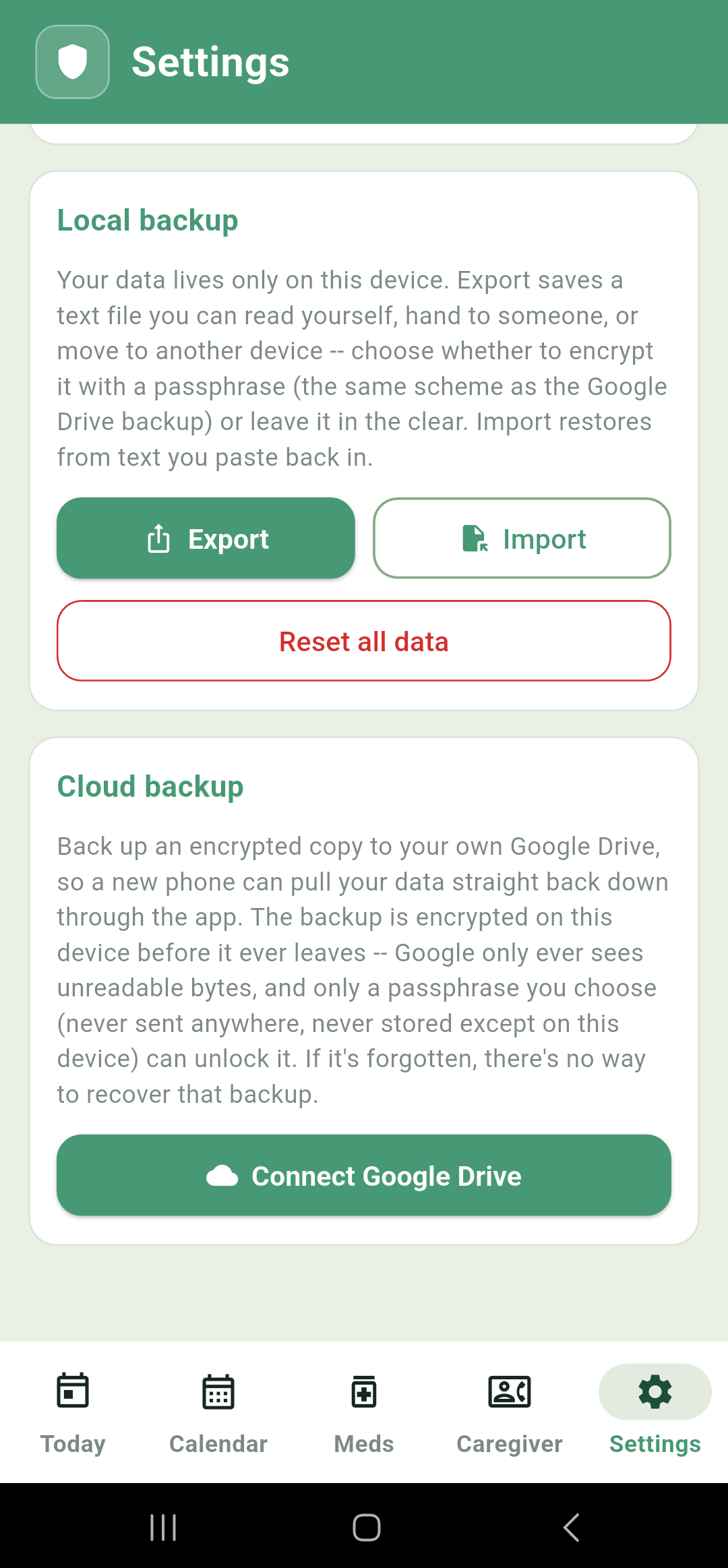Settings: local backup export/import and reset all data