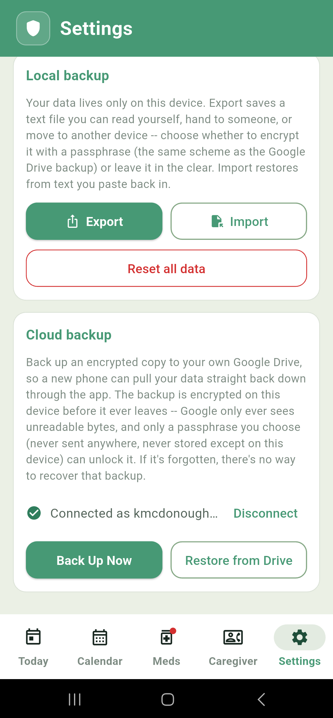 Settings: Cloud backup card, connected, showing Back Up Now and Restore