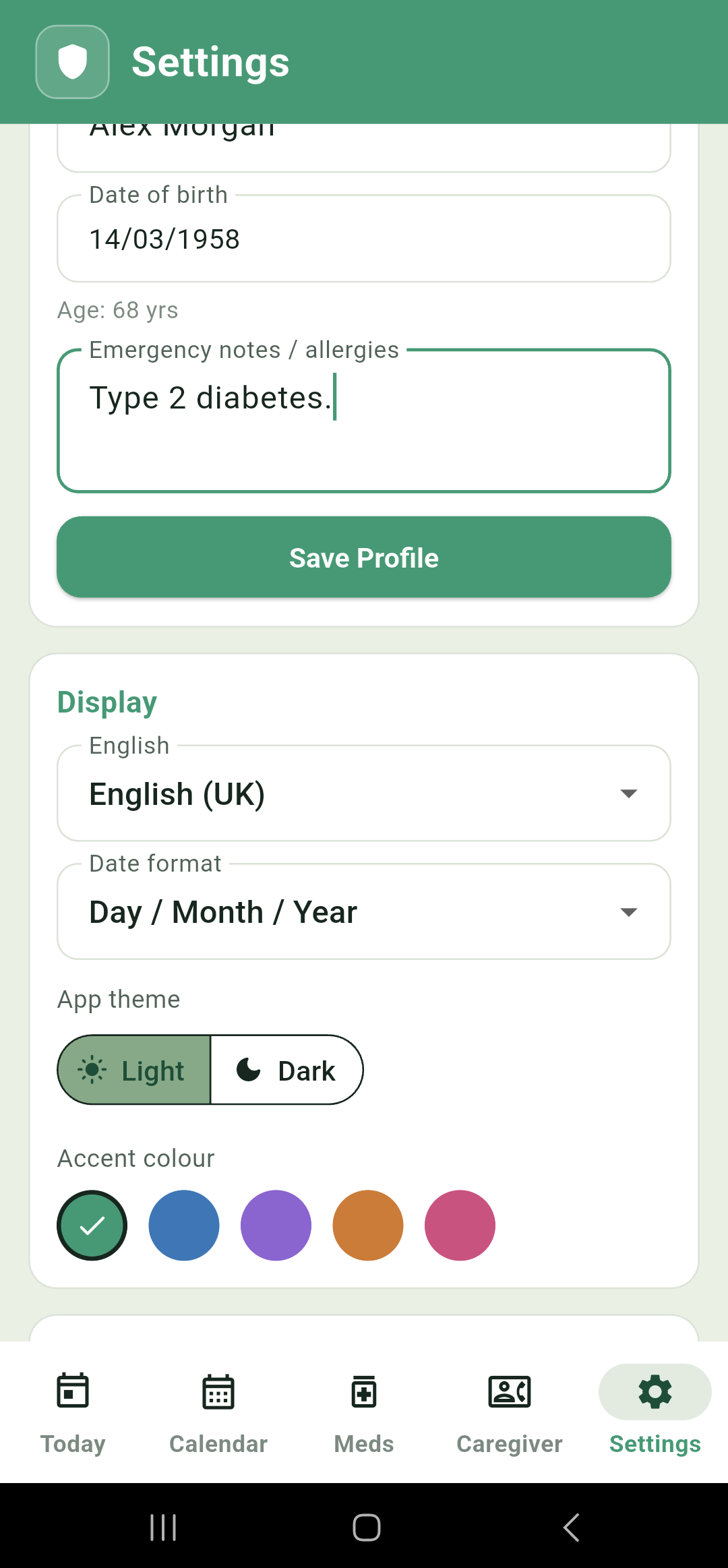 Settings top: profile fields and display options